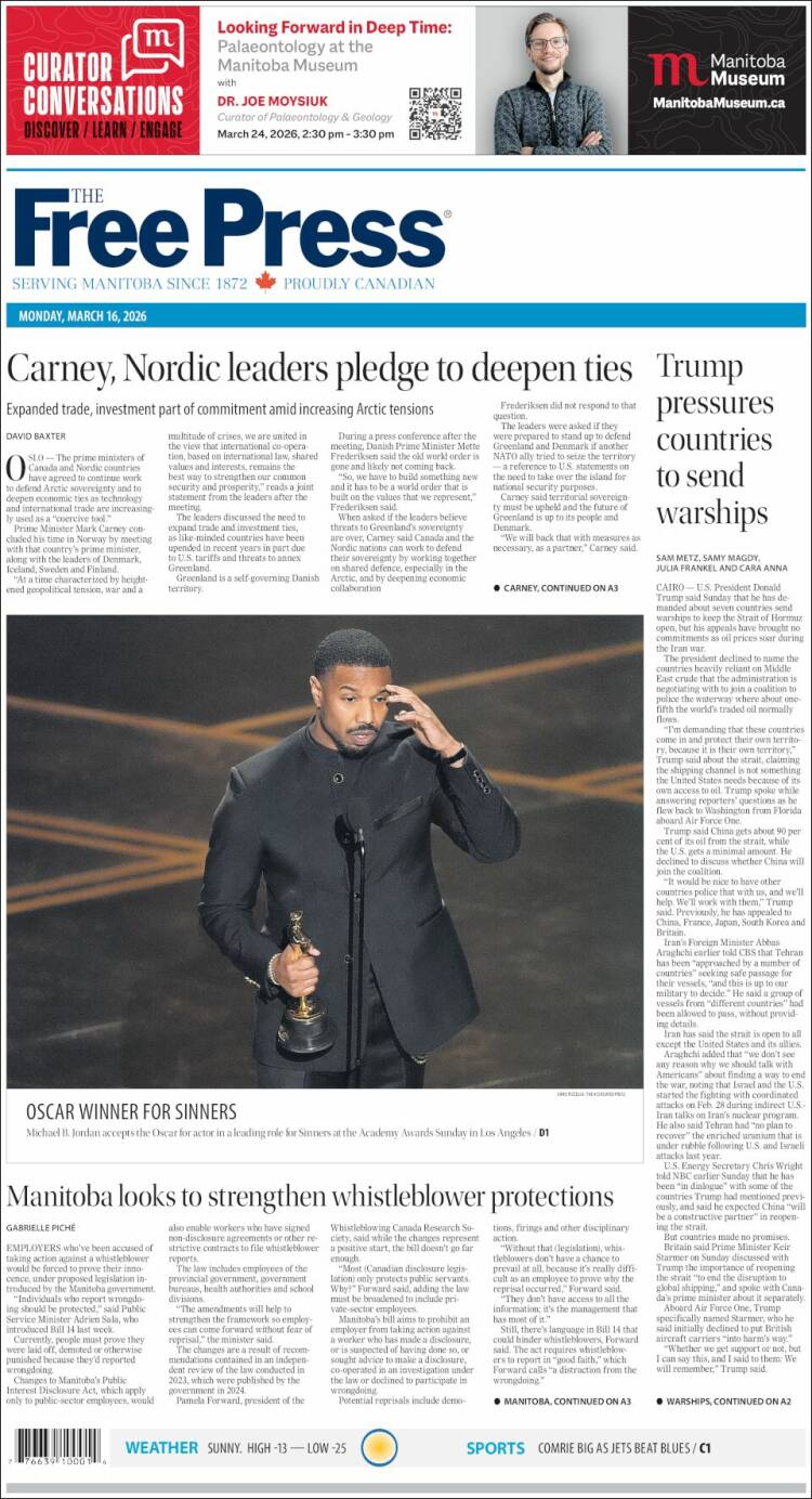 Portada de Winnipeg Free Press (Canad&aacute;)