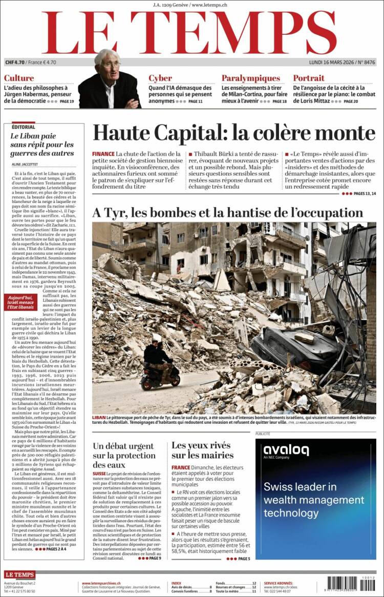 Portada de Le Matin (Suiza)
