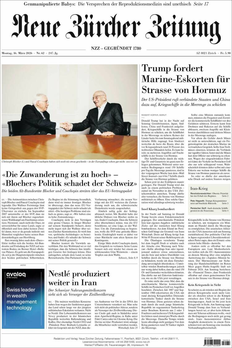 Portada de Neue Zürcher Zeitung (Suiza)