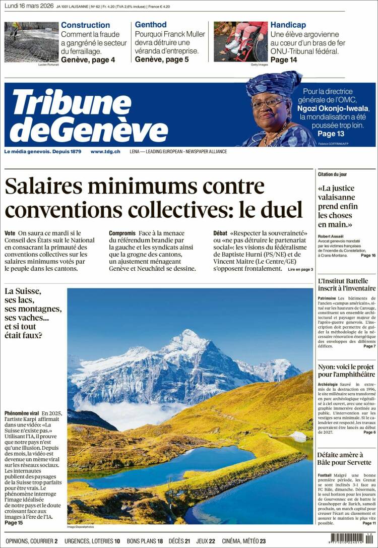 Portada de La Tribune de Genève (Suiza)