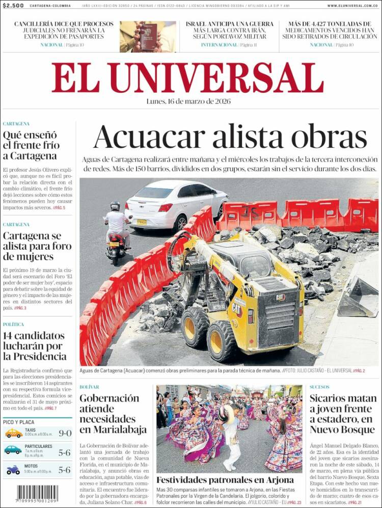 Portada de El Universal (Colombia)
