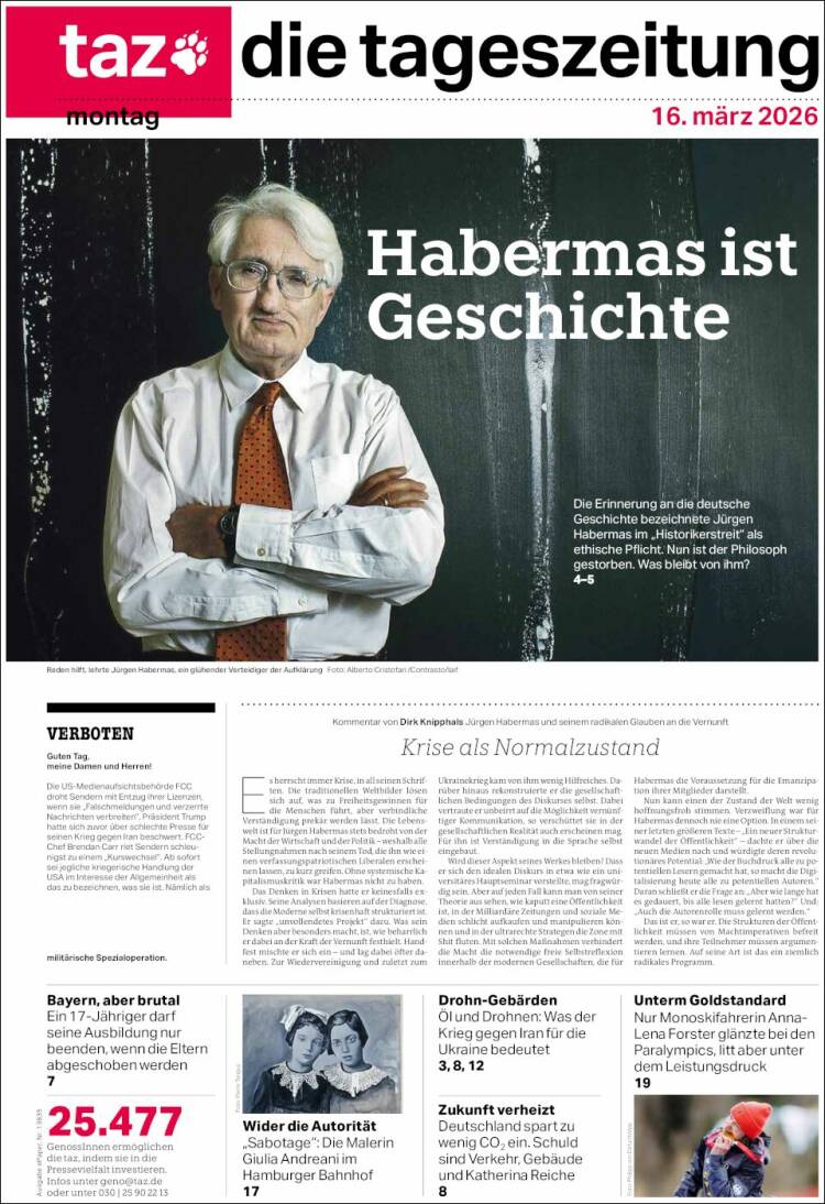 Portada de Die Tageszeitung (Alemania)