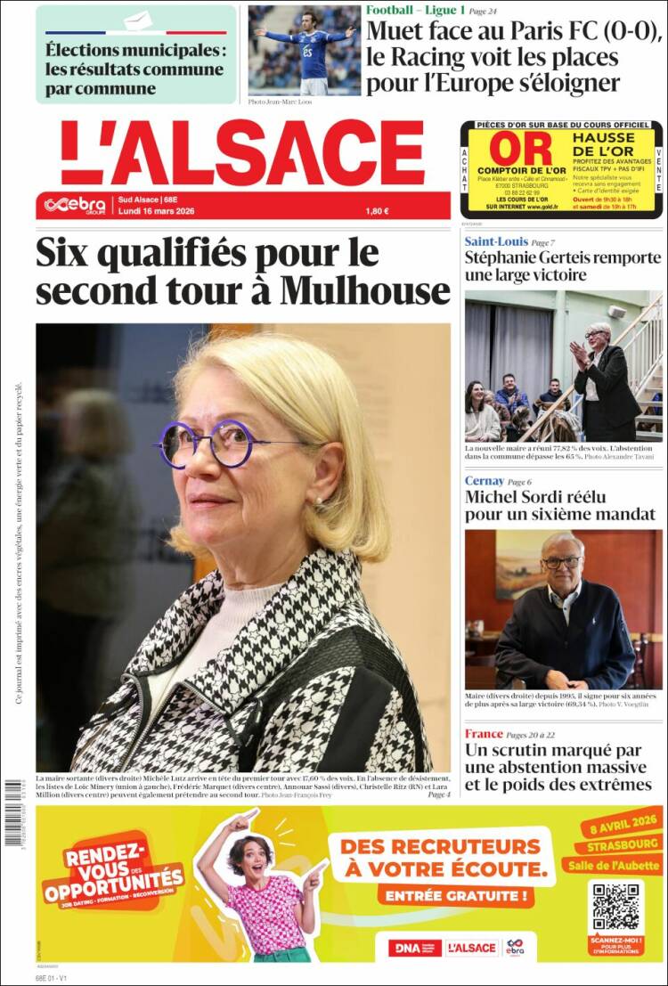 Portada de Journal L'Alsace (Francia)