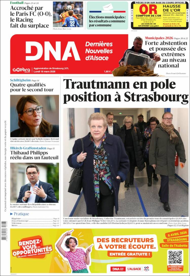 Portada de Les Dernières Nouvelles d'Alsace (Francia)