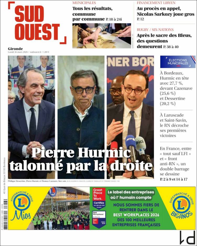 Portada de Sud Ouest (Francia)