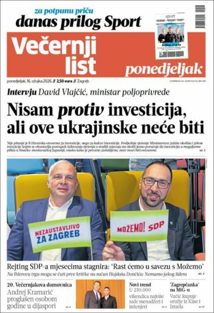 Portada de Večernji (Croacia)