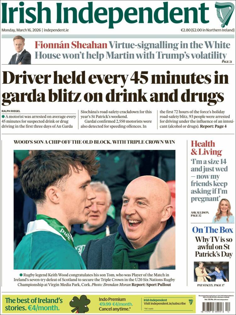 Portada de Irish Independent (Irlanda)