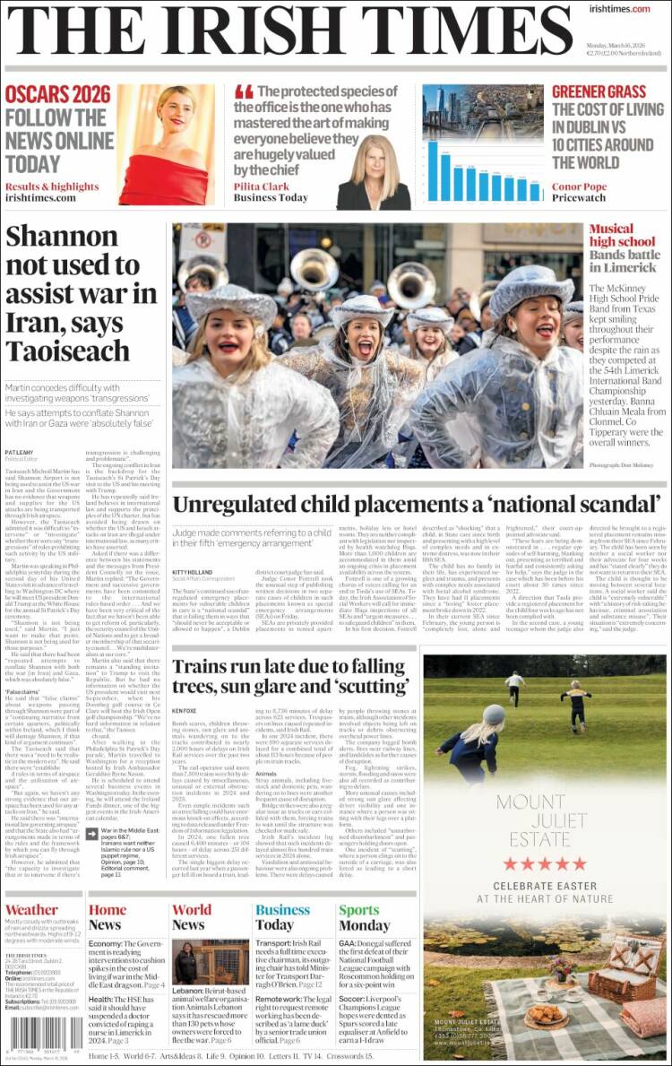 Portada de Irish Times (Irlanda)