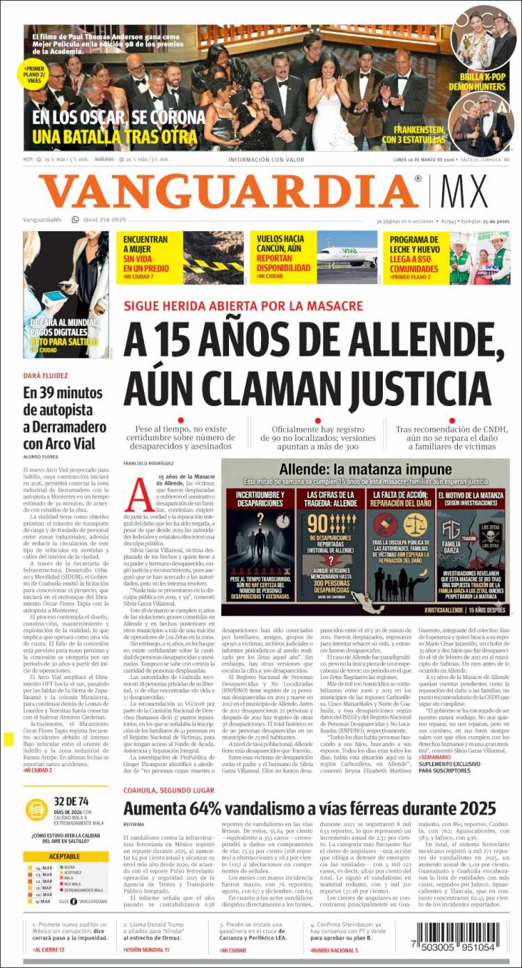 Portada de Vanguardia (M&eacute;xico)