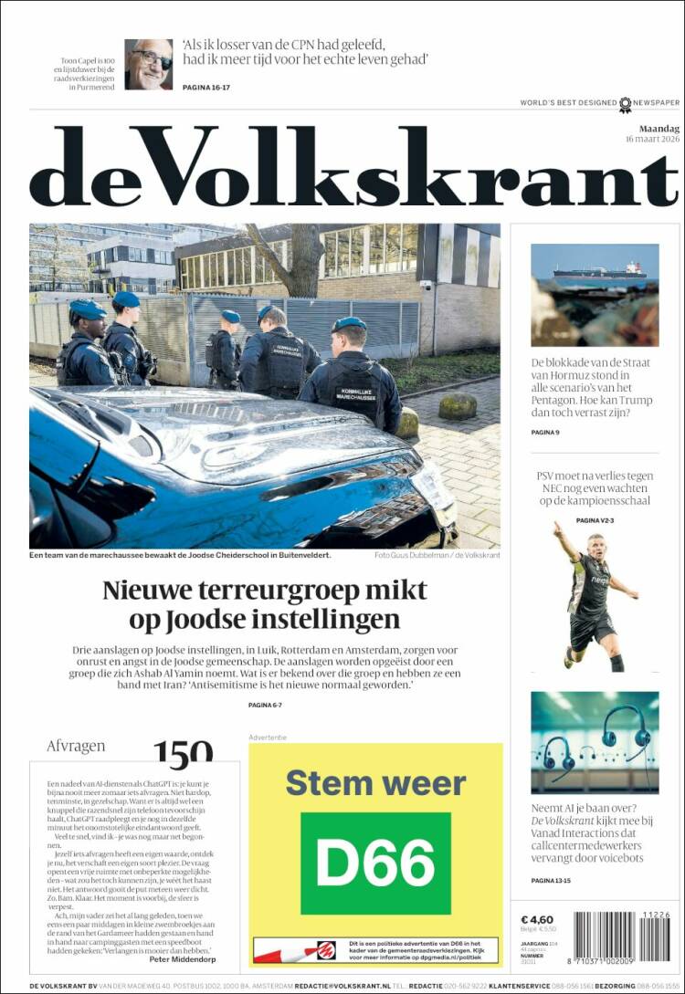 Portada de De Volkskrant (Pa&iacute;ses Bajos)