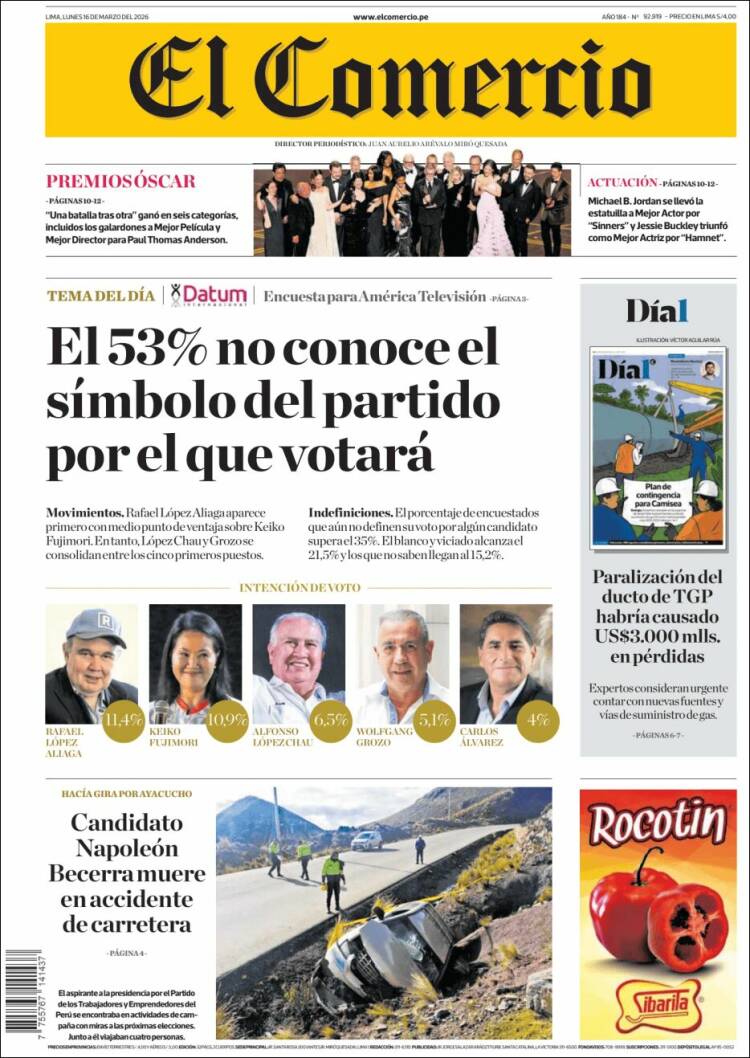 Portada de El Comercio (Per&uacute;)