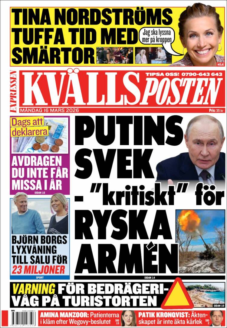 Portada de Kvällsposten (Suecia)