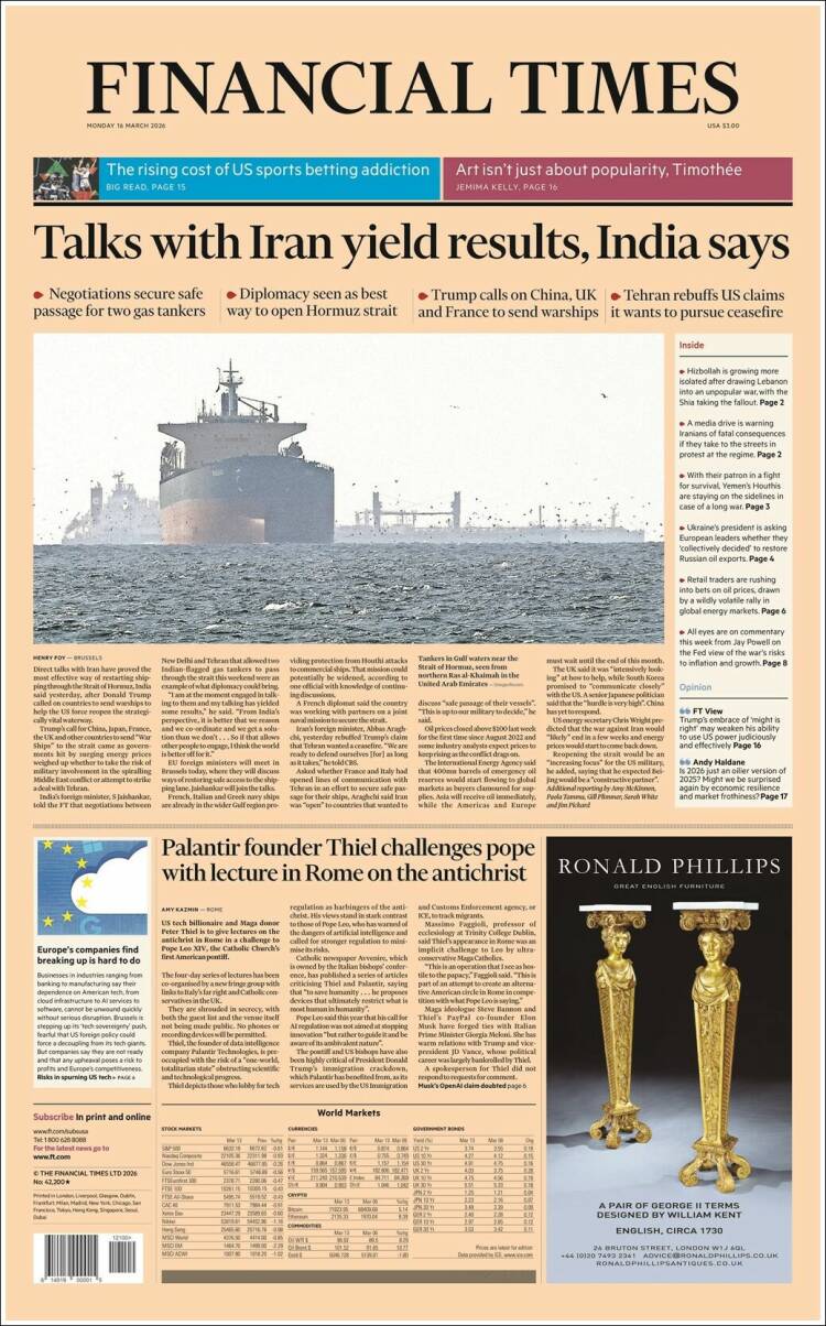 Portada de Financial Times (Reino Unido)