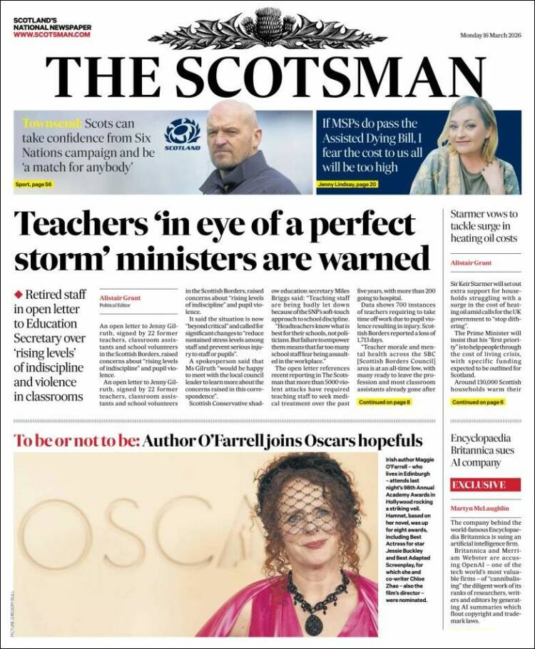 Portada de The Scotsman (Reino Unido)