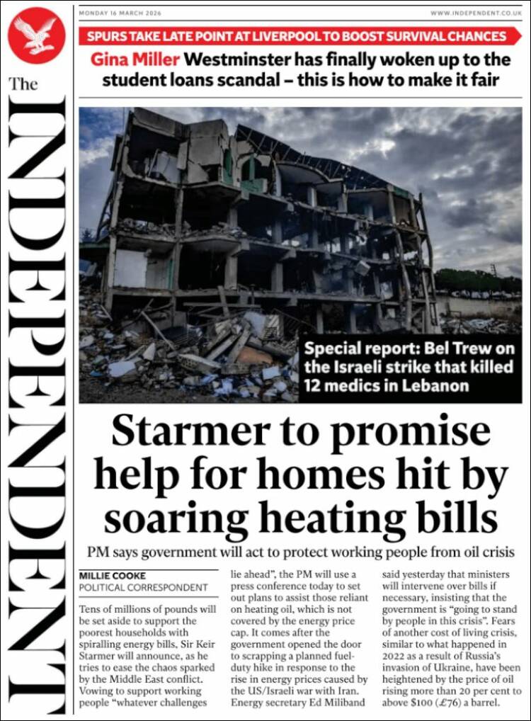 Portada de The Independent (Reino Unido)