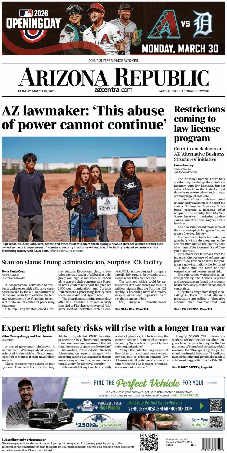 Portada de Arizona Republic News (USA)