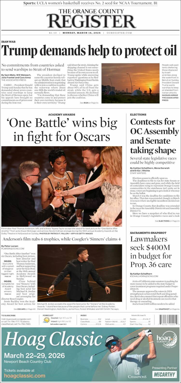 Portada de The Orange County Register (USA)