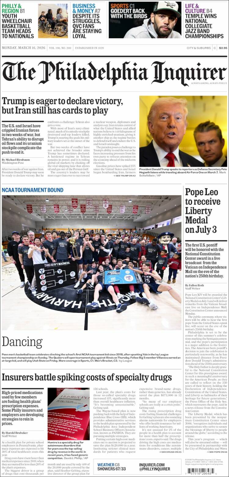 Portada de Philadelphia Inquirer (USA)