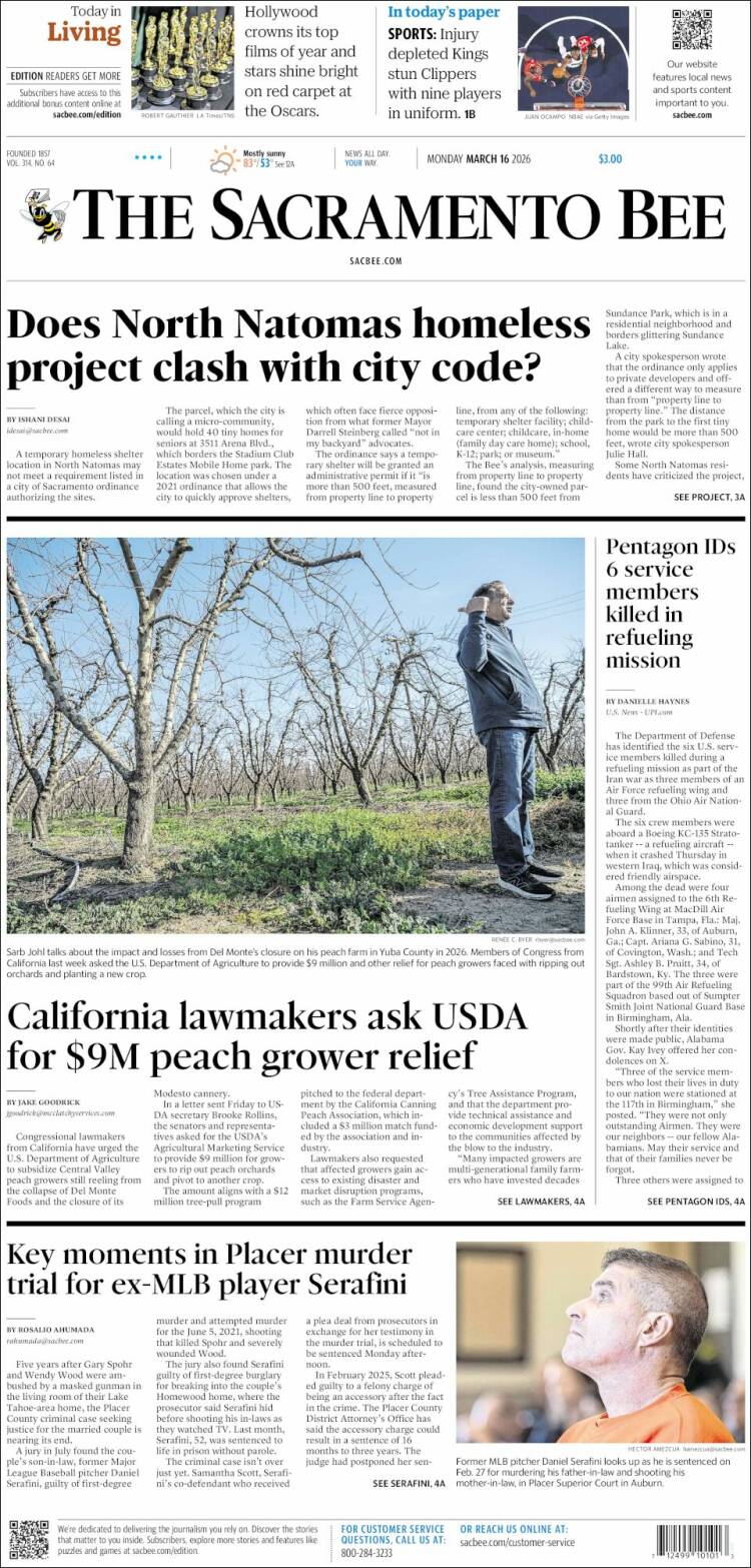 Portada de The Sacramento Bee (USA)