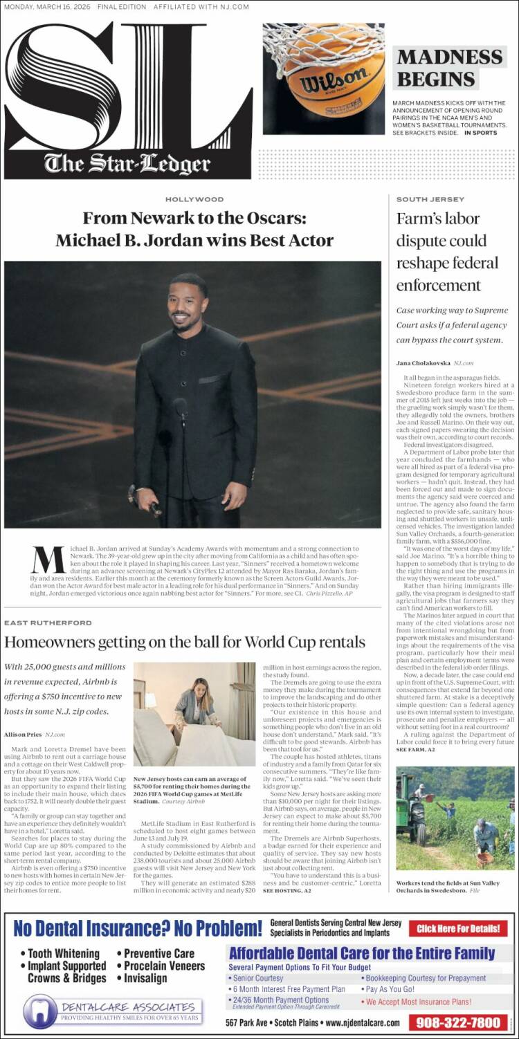 Portada de Star-Ledger (USA)