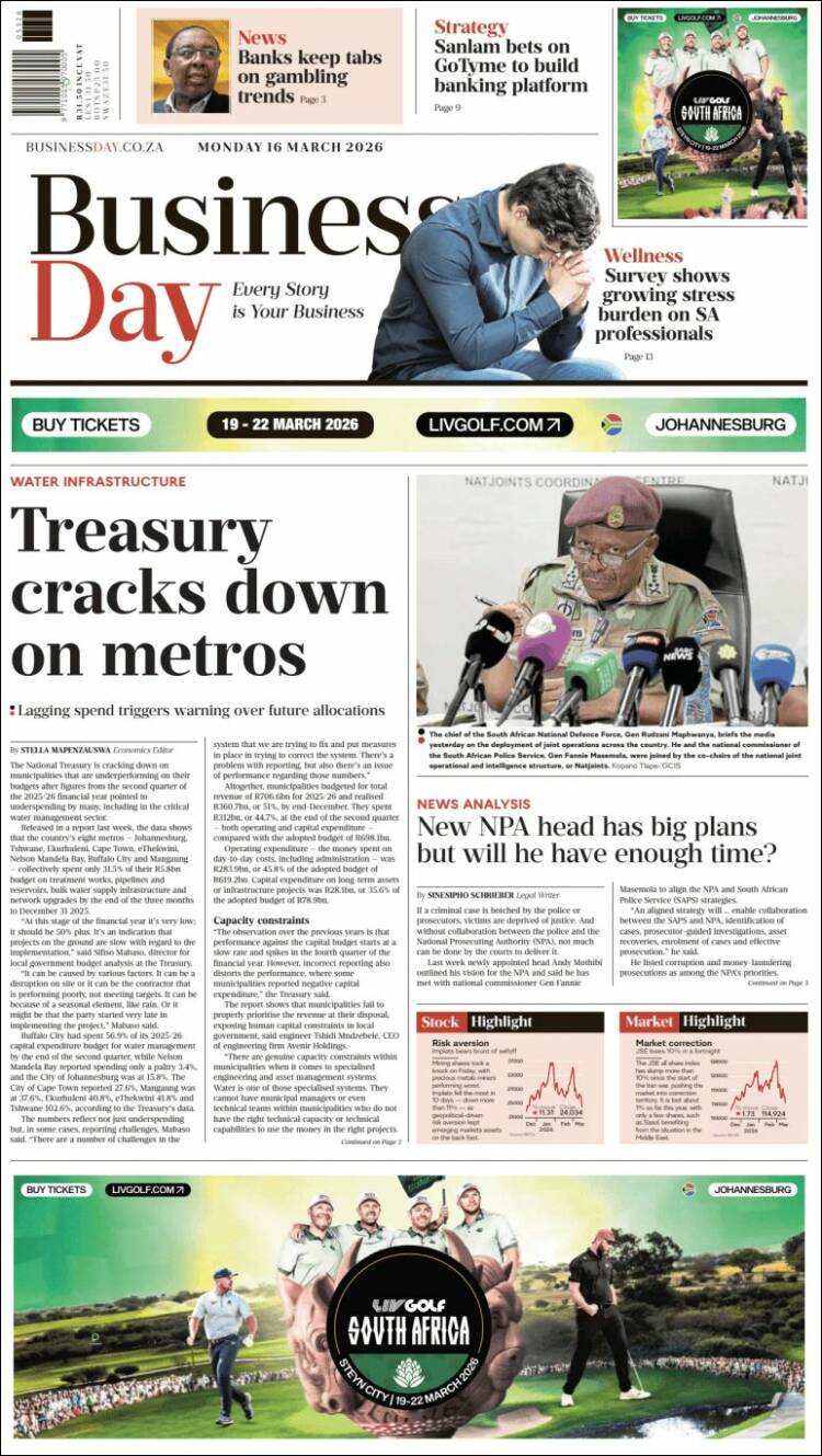 Portada de Business Day (Sud&aacute;frica)