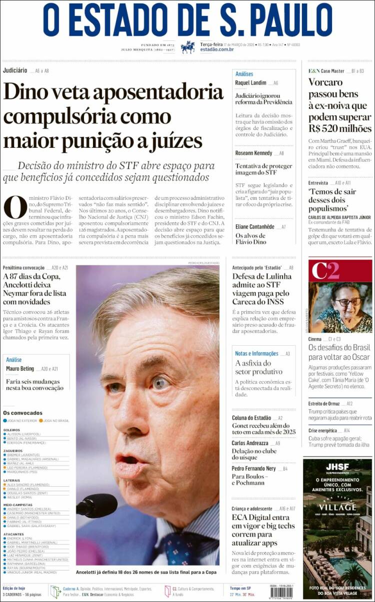 Portada de O Estado de São Paulo (Br&eacute;sil)