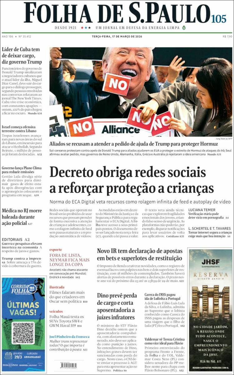 Portada de Folha de São Paulo (Brasil)