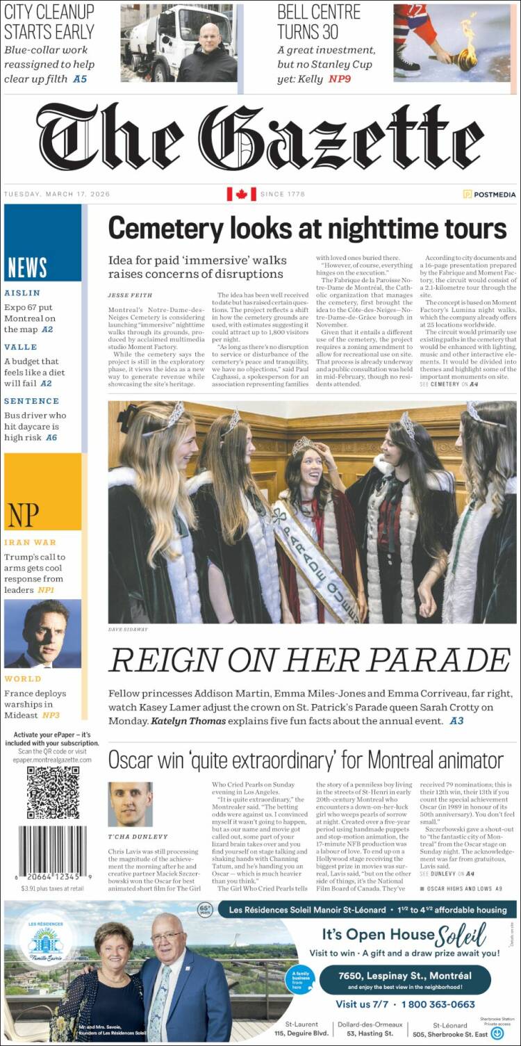 Portada de The Gazette (Canad&aacute;)