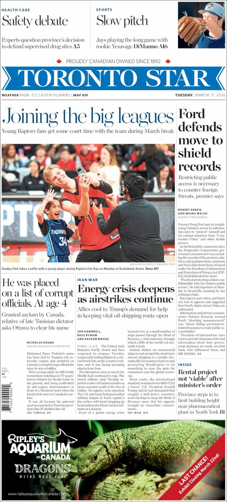 Portada de The Toronto Star (Canad&aacute;)