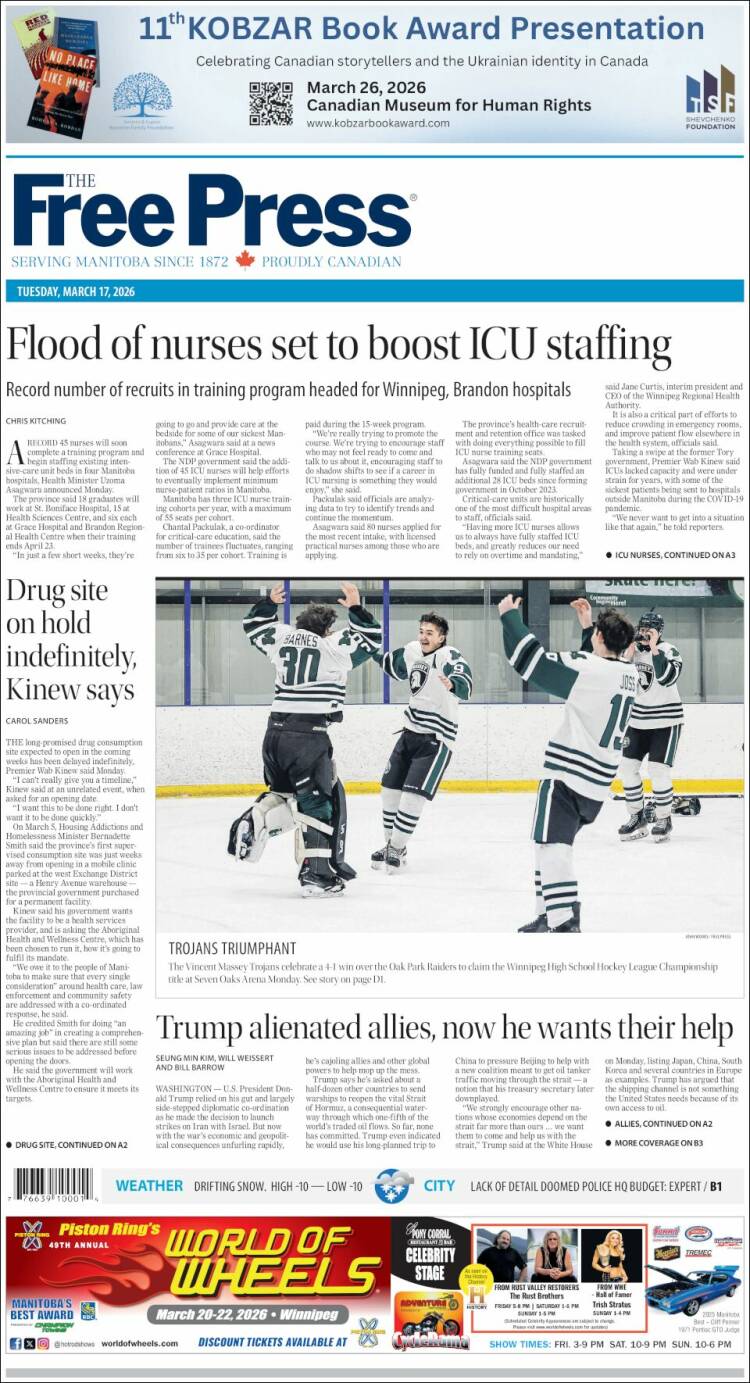 Portada de Winnipeg Free Press (Canad&aacute;)