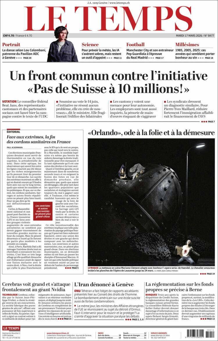 Portada de Le Matin (Suiza)