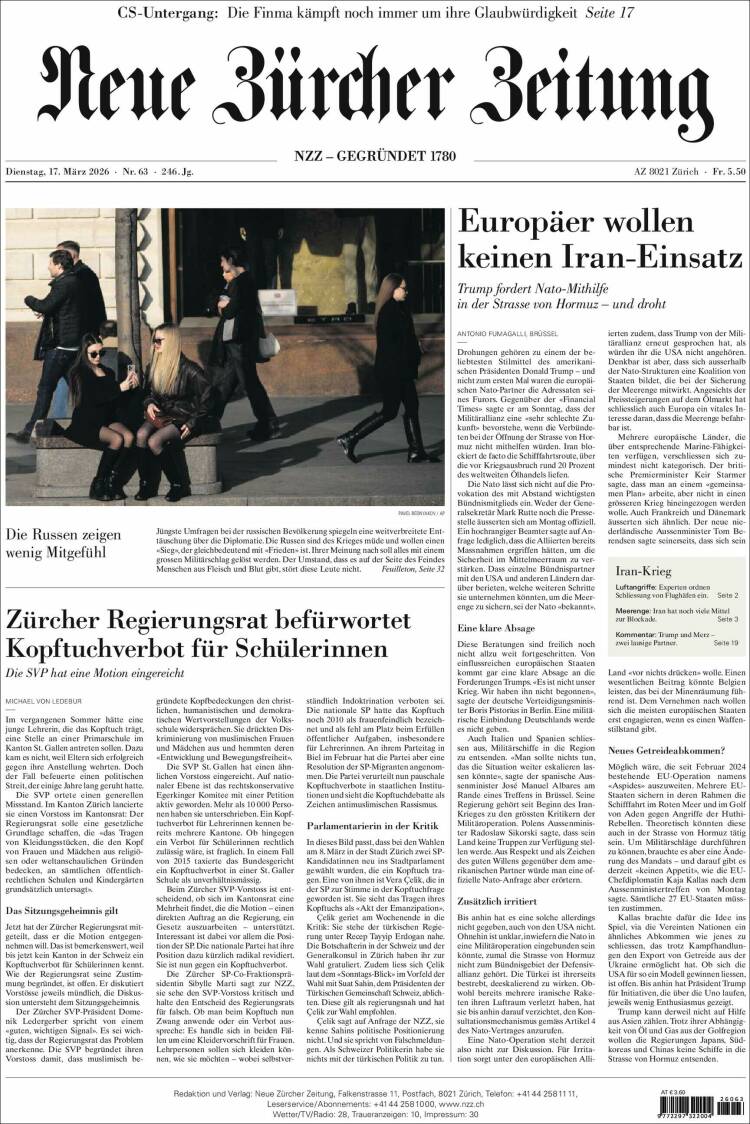 Portada de Neue Zürcher Zeitung (Suiza)