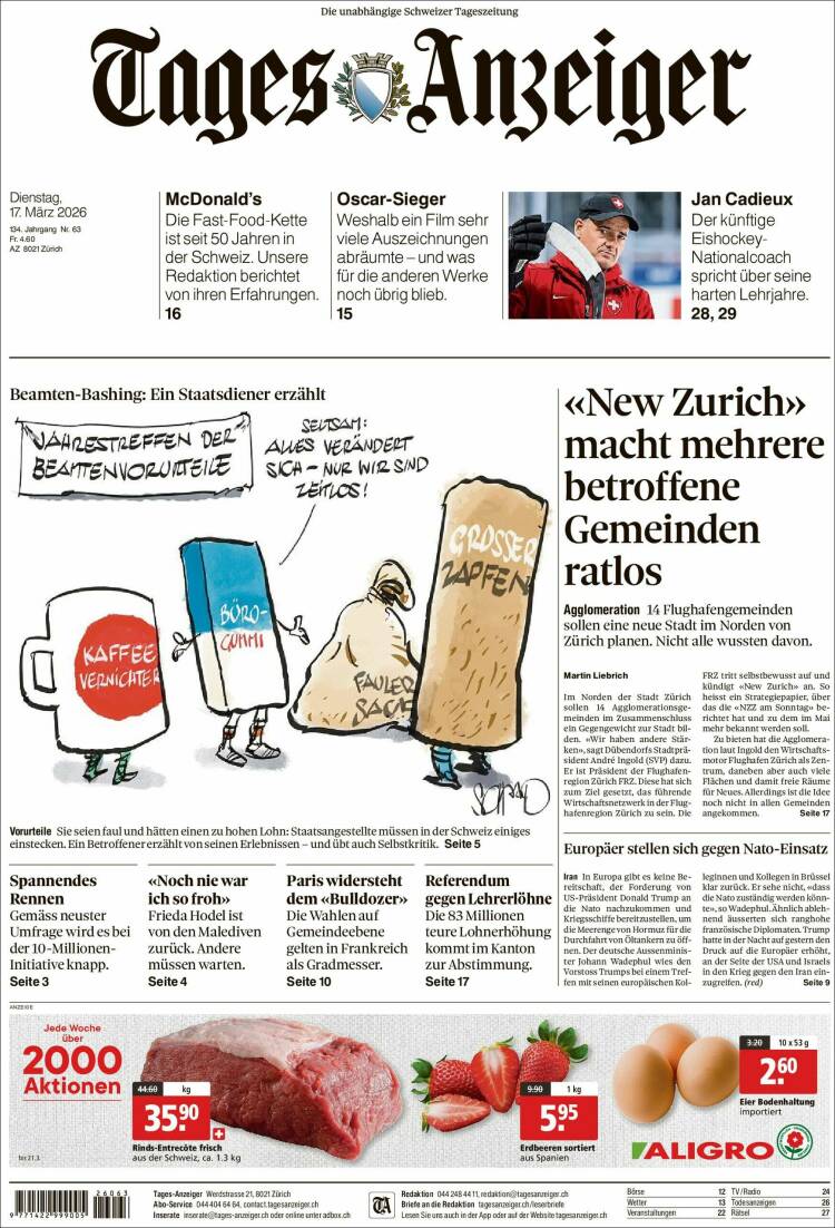 Portada de Tages-Anzeiger (Suiza)