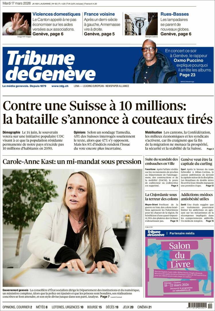 Portada de La Tribune de Genève (Suiza)