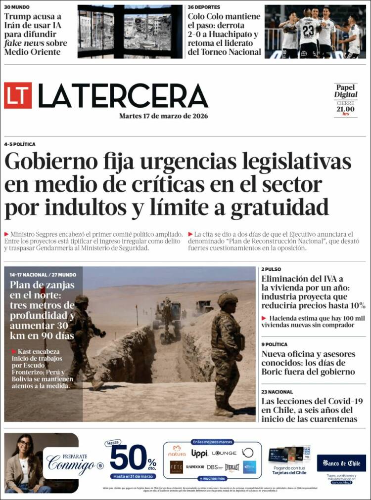 Portada de La Tercera (Chile)
