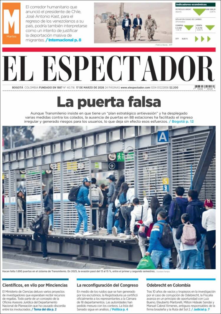 Portada de El Espectador (Colombia)