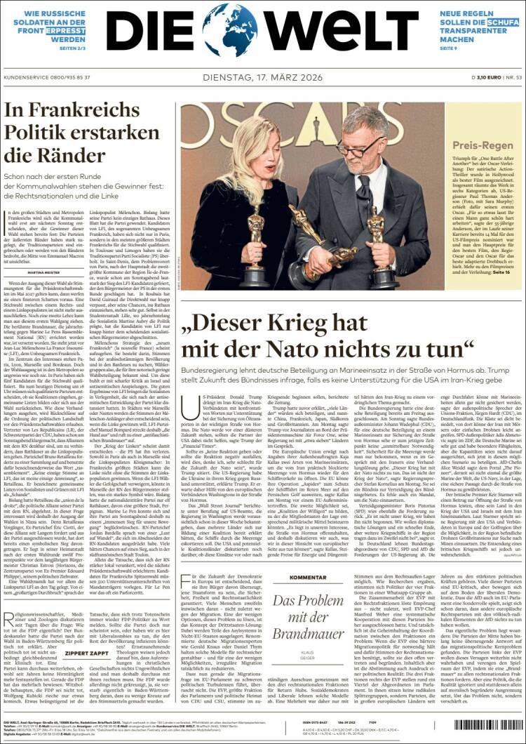 Portada de Die Welt (Alemania)