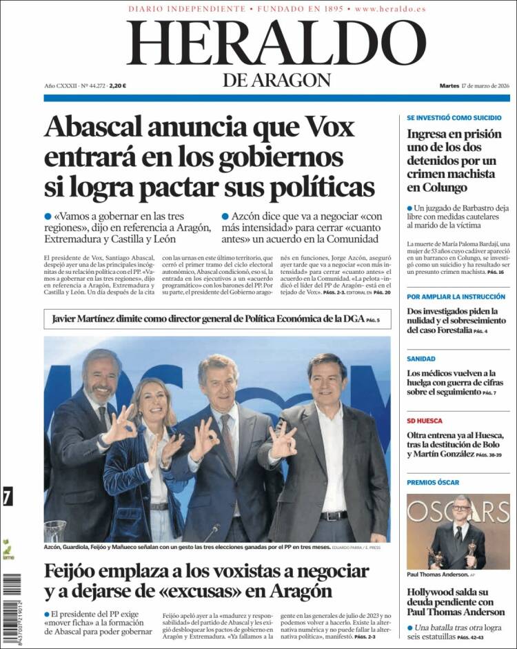 Portada de Heraldo de Aragón (Espa&ntilde;a)