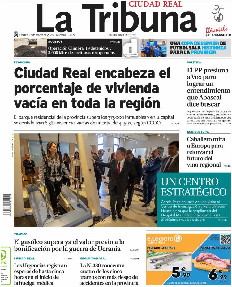 Portada de La Tribuna de Ciudad Real (Espa&ntilde;a)