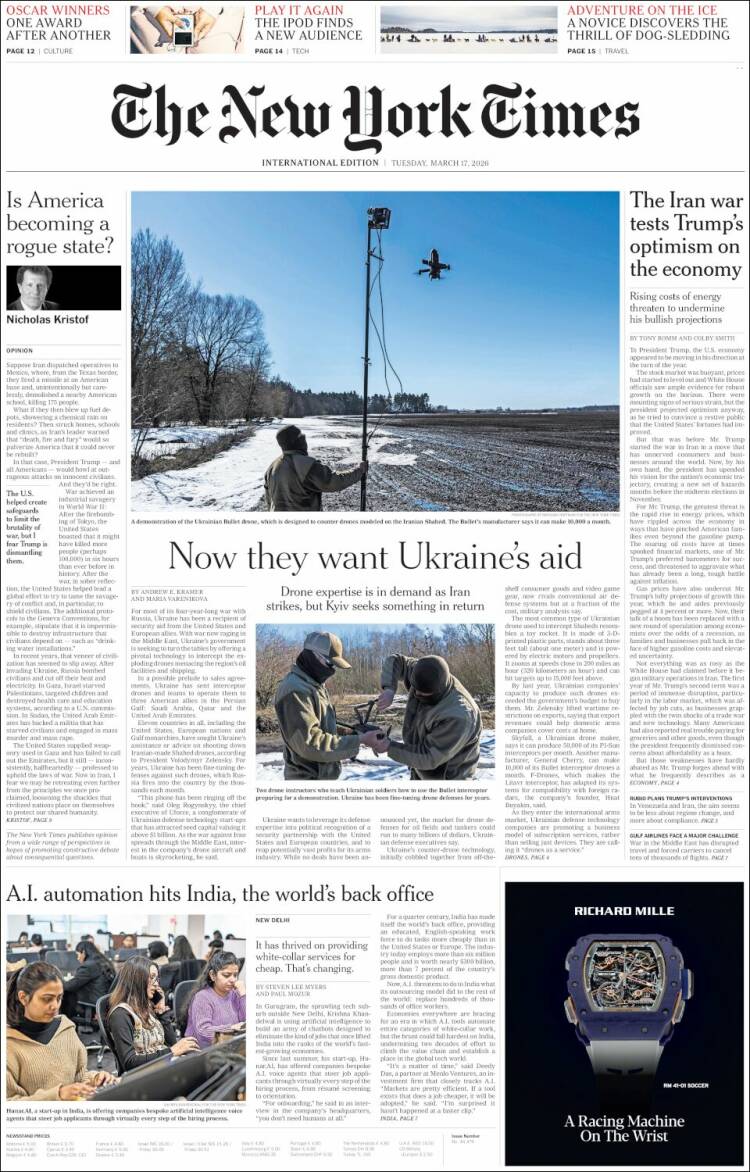 Portada de International New York Times (Europa)