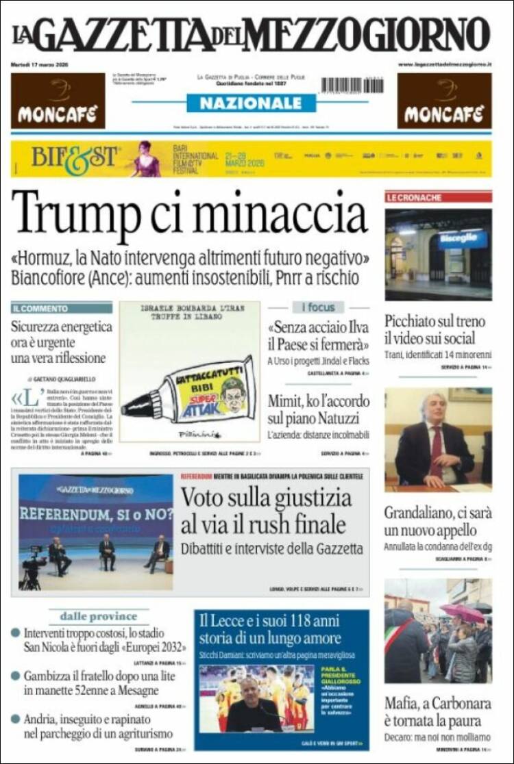 Portada de La Gazzetta del Mezzogiorno (Italia)
