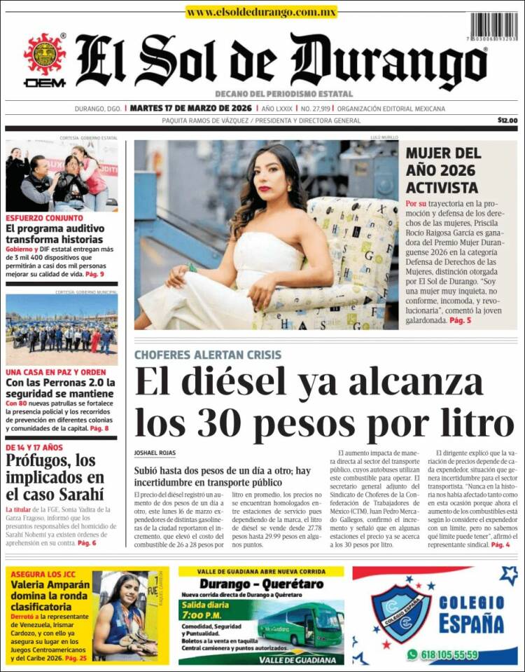 Portada de El Sol de Durango (M&eacute;xico)