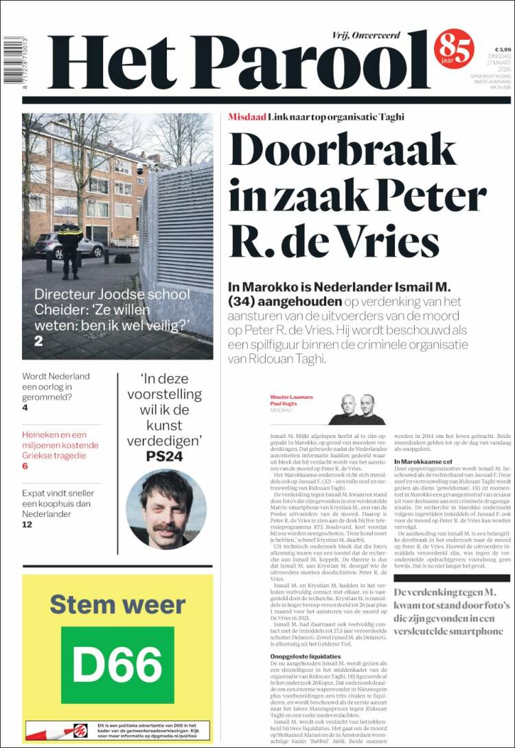 Portada de Het Parool (Pa&iacute;ses Bajos)