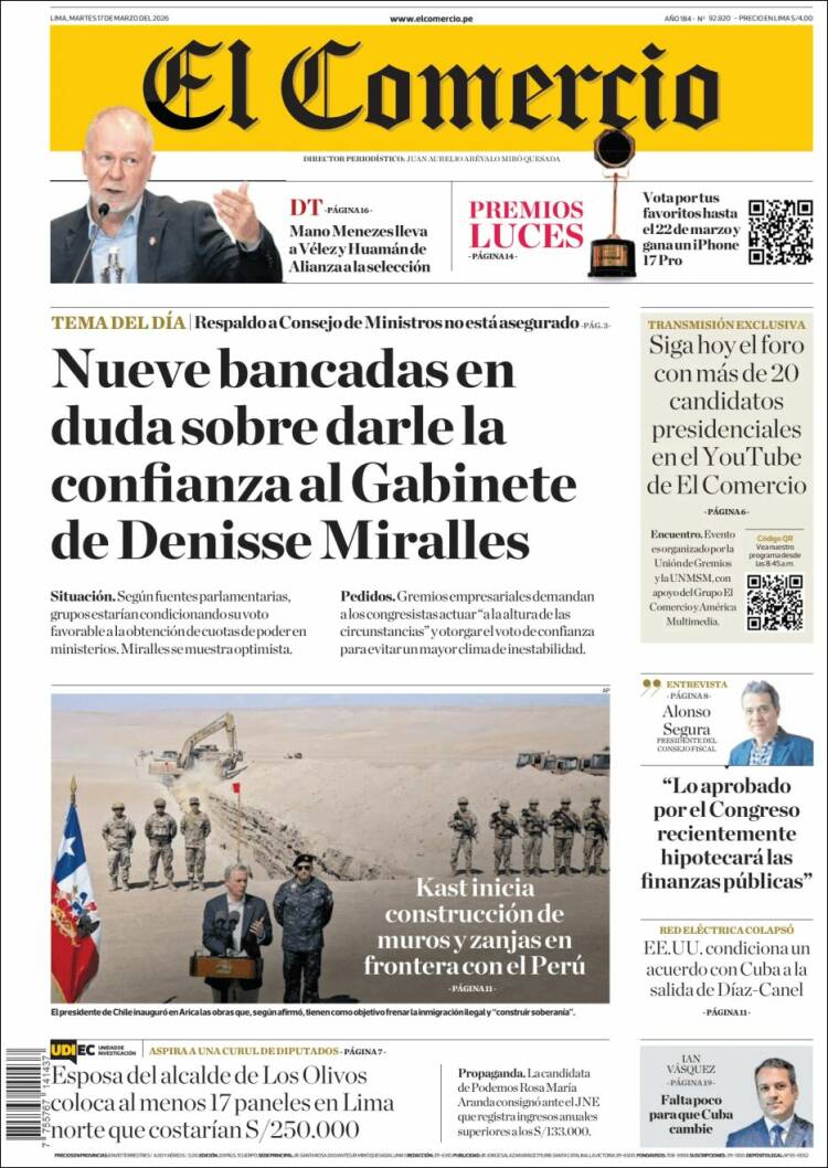 Portada de El Comercio (Per&uacute;)