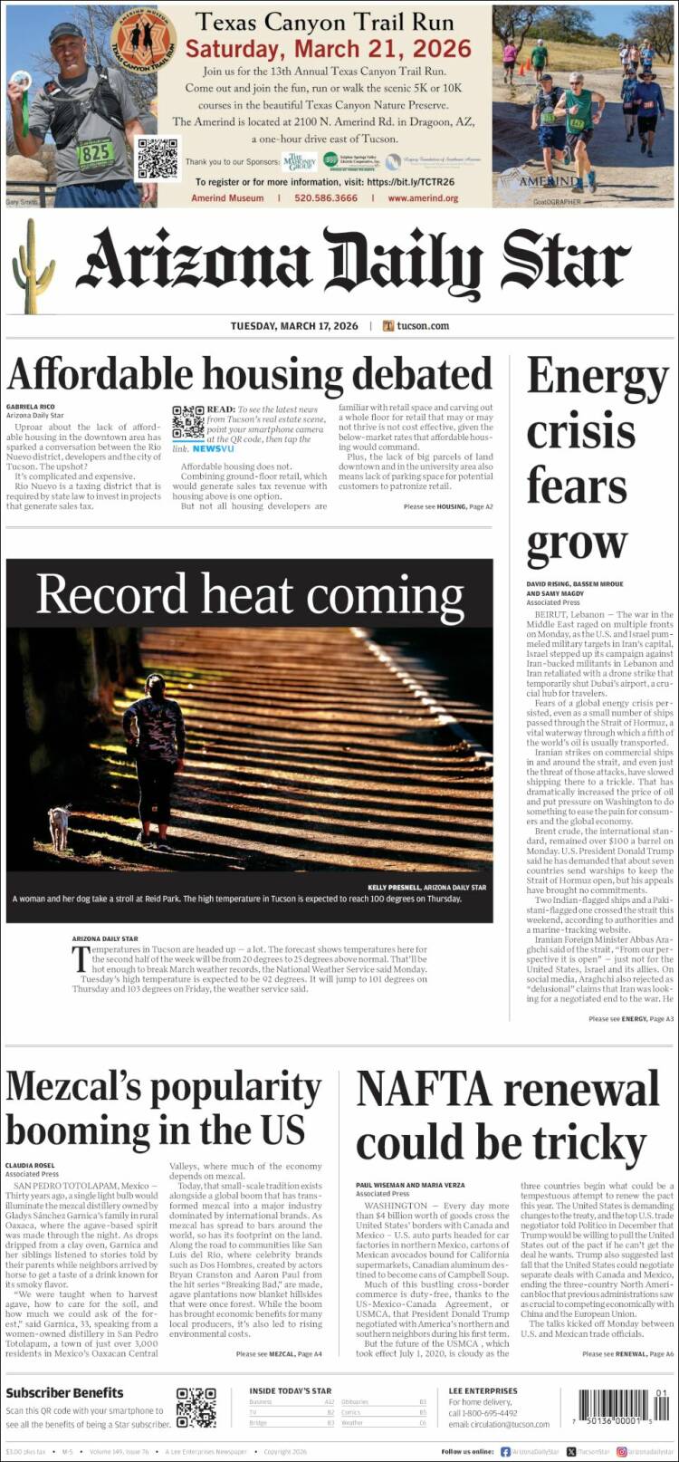 Portada de Arizona Daily Star (USA)