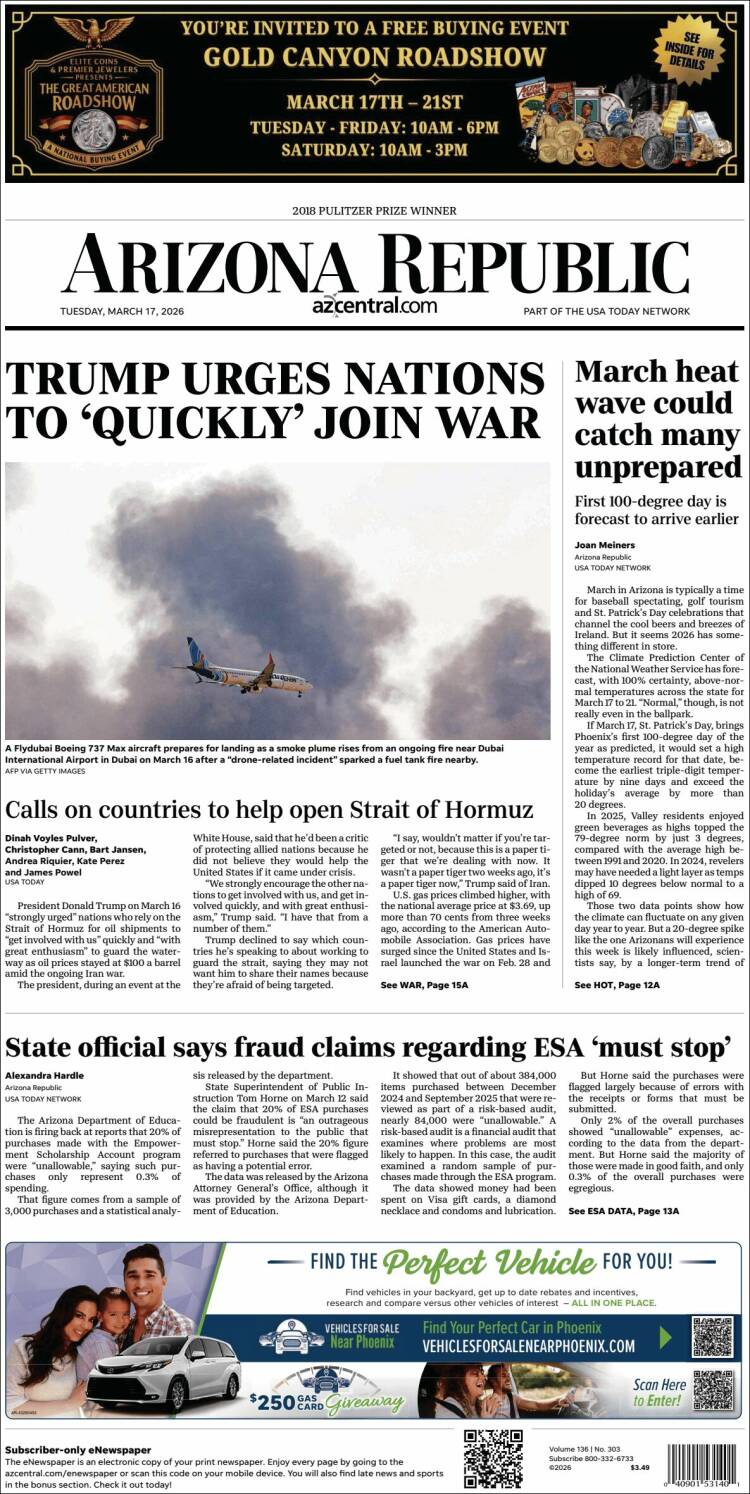 Portada de Arizona Republic News (USA)