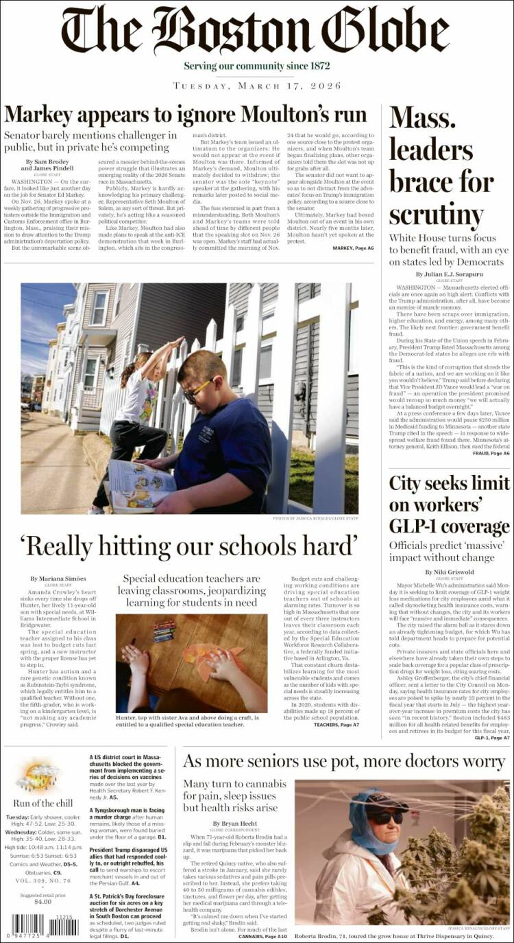 Portada de Boston Globe (USA)