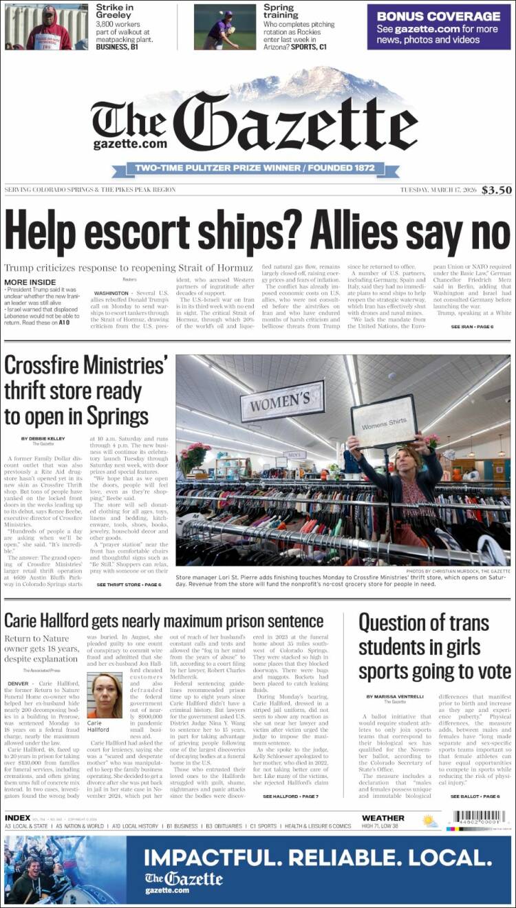 Portada de The Gazette (USA)