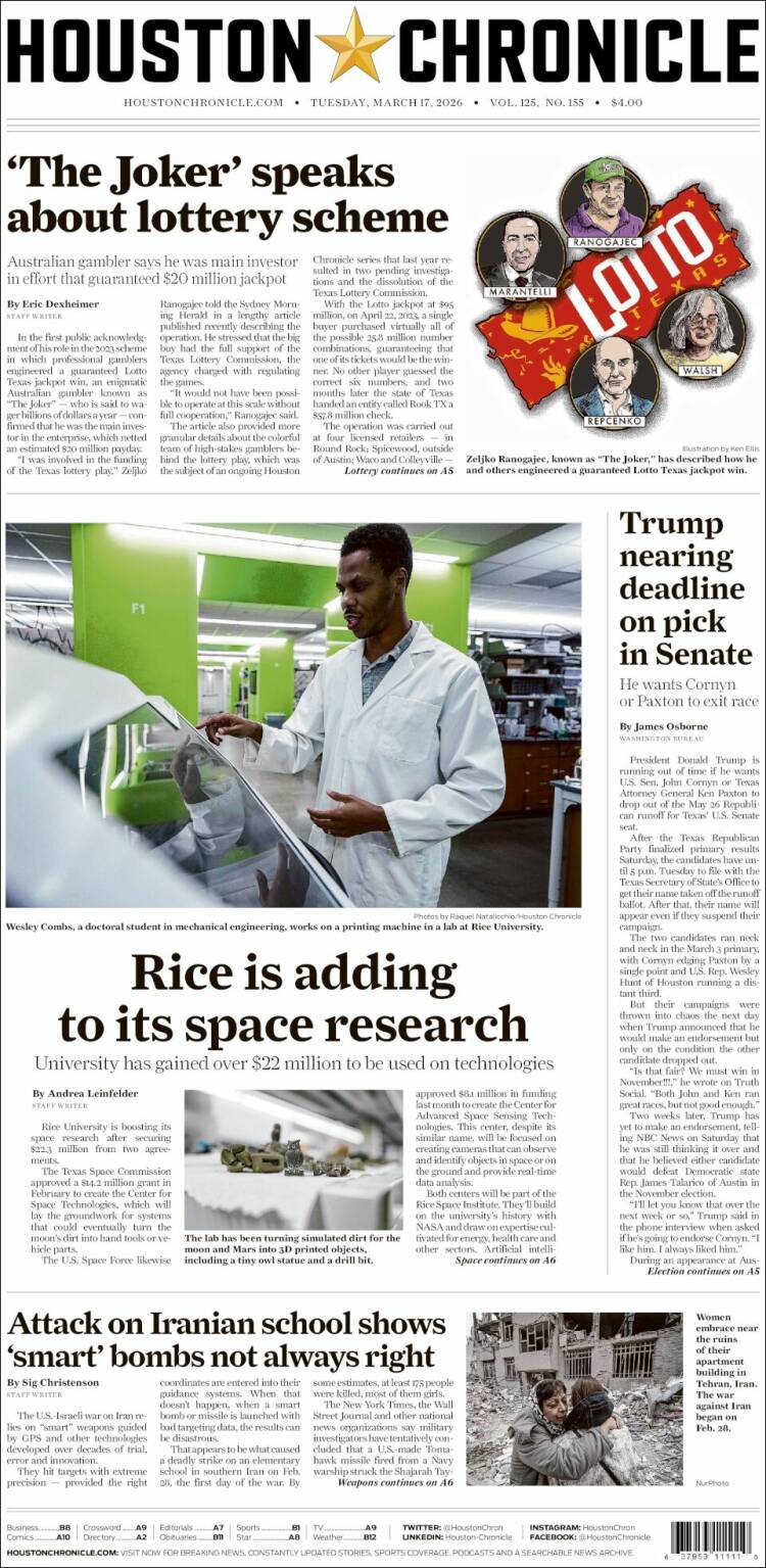 Portada de Houston Chronicle (USA)