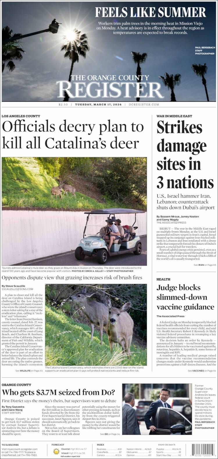 Portada de The Orange County Register (USA)